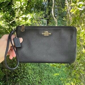 COACH Double Zip Wristlet Wallet Navy Pebbled Leather w Gold Hardware AUTHENTIC